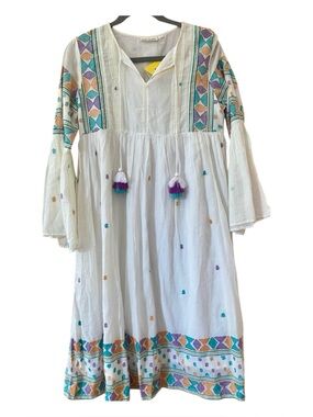 Roller Rabbit Jacquard Clip Maisa Dress White Embroidered Tassel Size S NWT